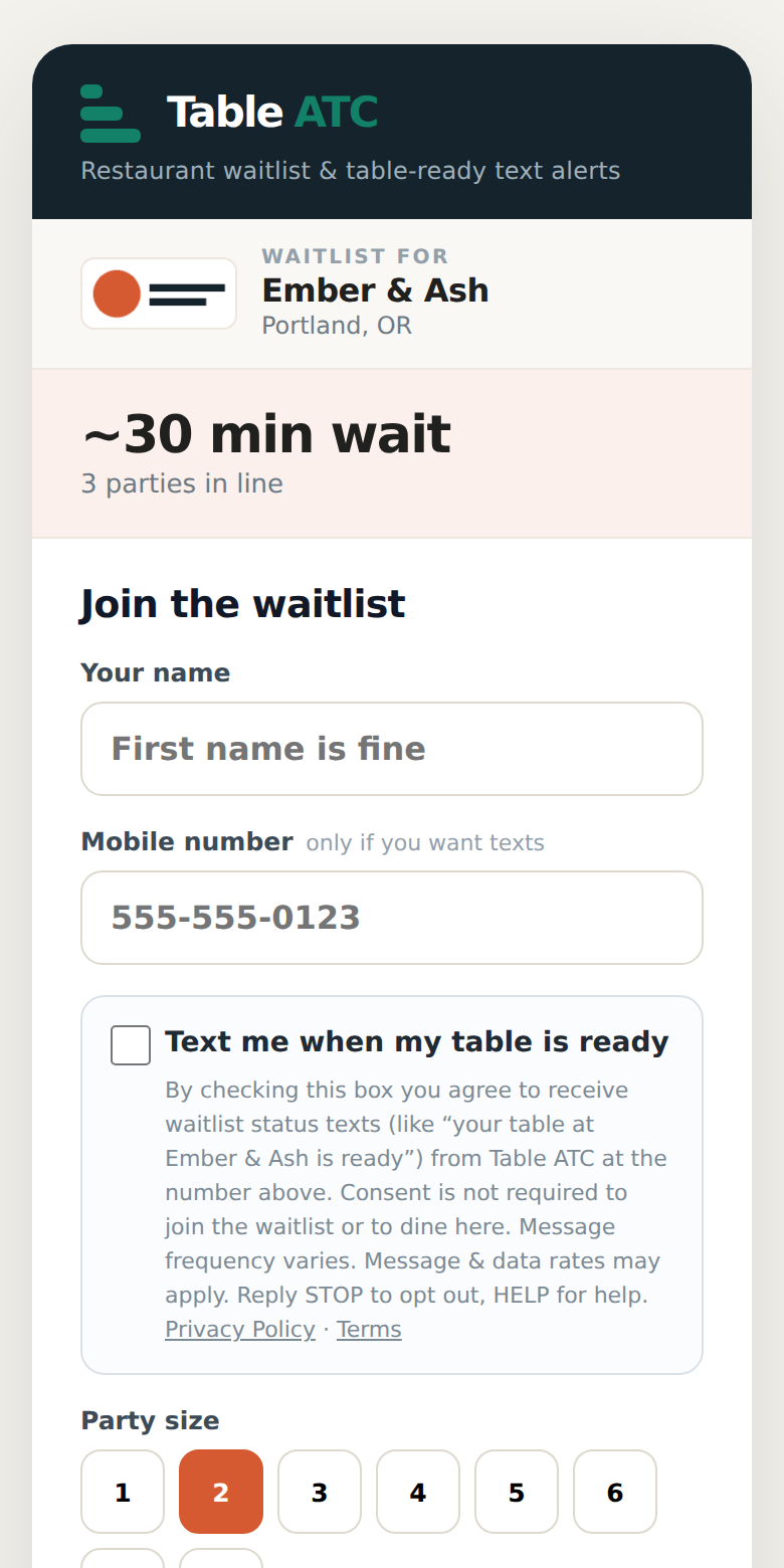 The guest join page on a phone: live wait, name, mobile number, and the text-me opt-in