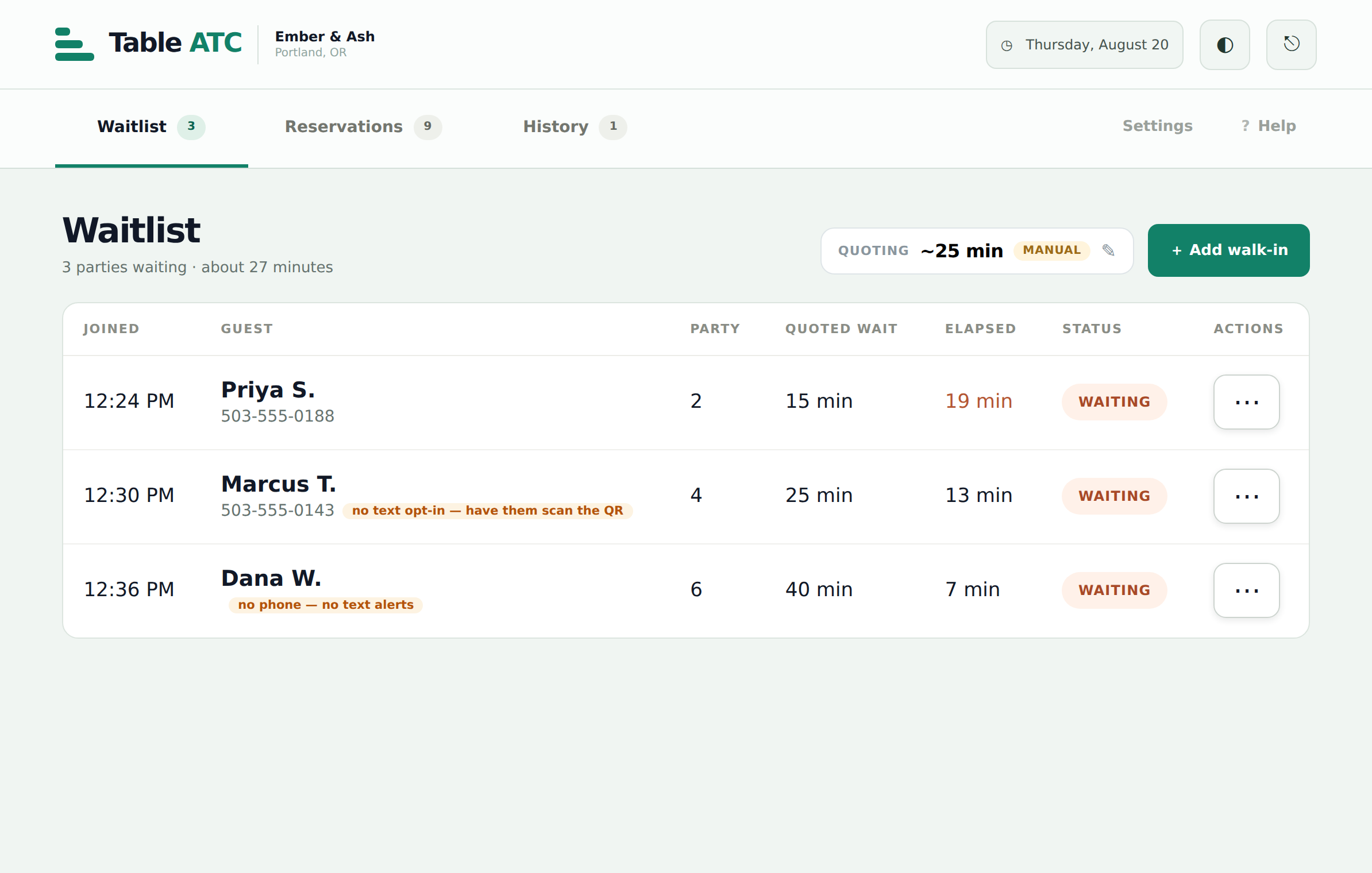 The Table ATC host screen: tonight's waitlist with quoted waits, elapsed time, and one-tap actions